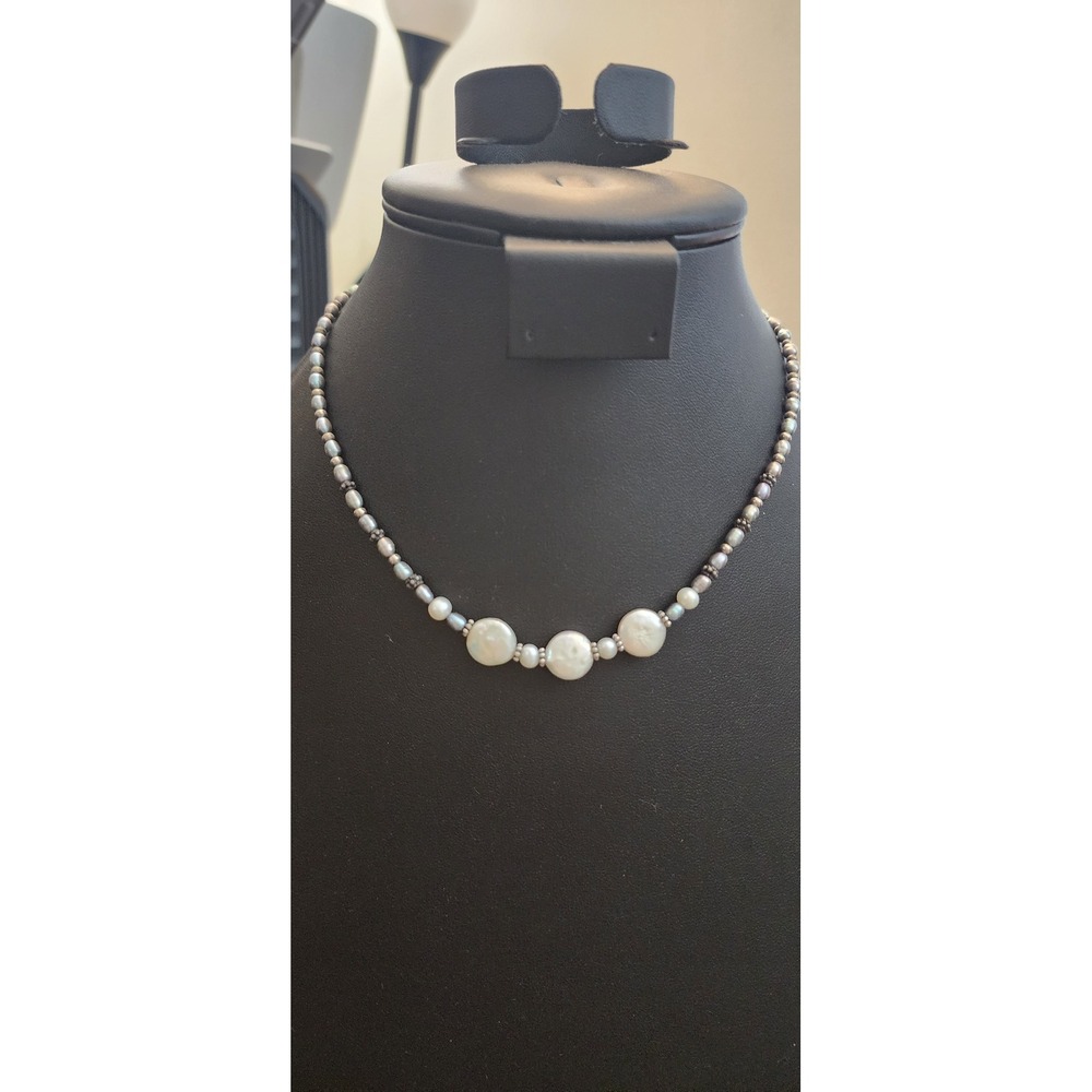 Freshwater Pearl Beaded Necklace Iridescent Grey White Coin Rice Pearl Silver
